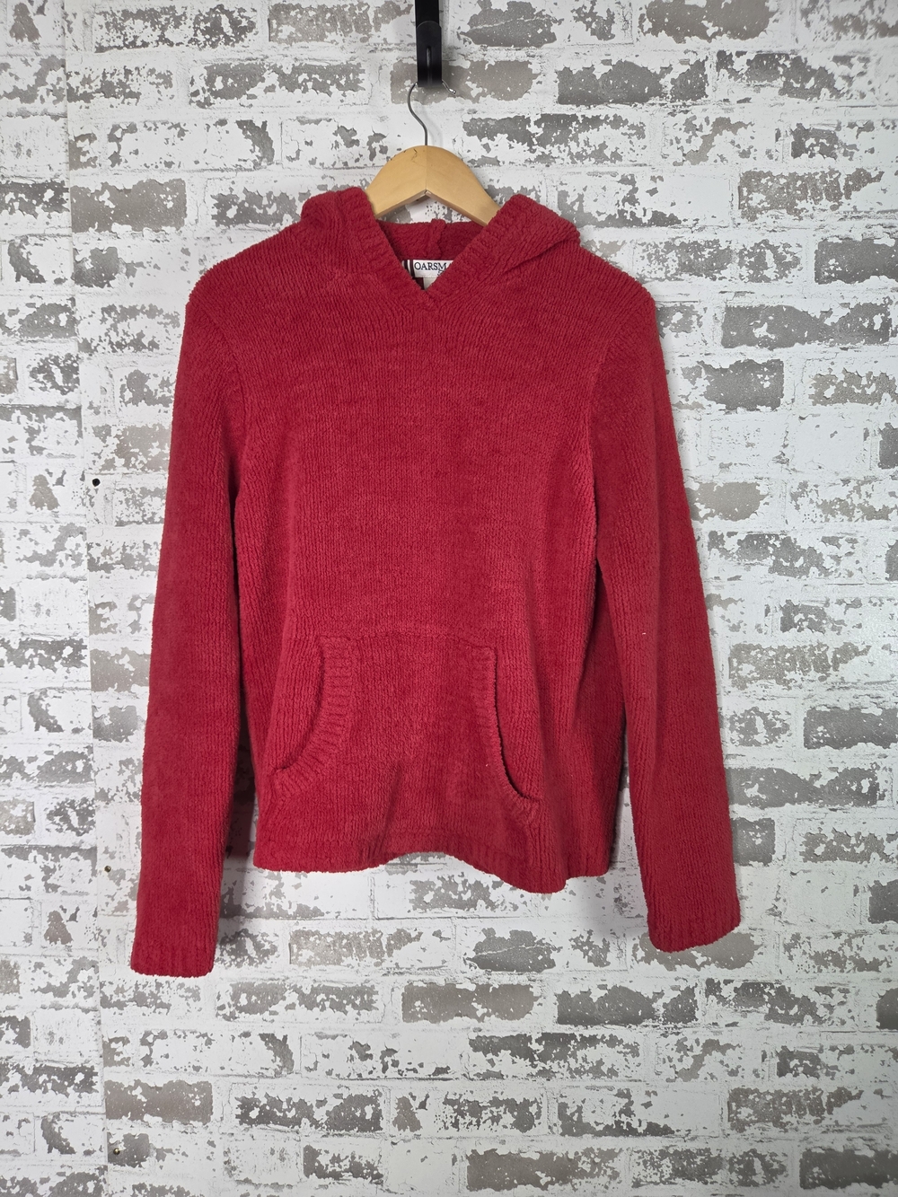 OARSM Red Chenille Hoodie Sweater Pullover Fluffy Soft Knit Pouch Pocket Size M